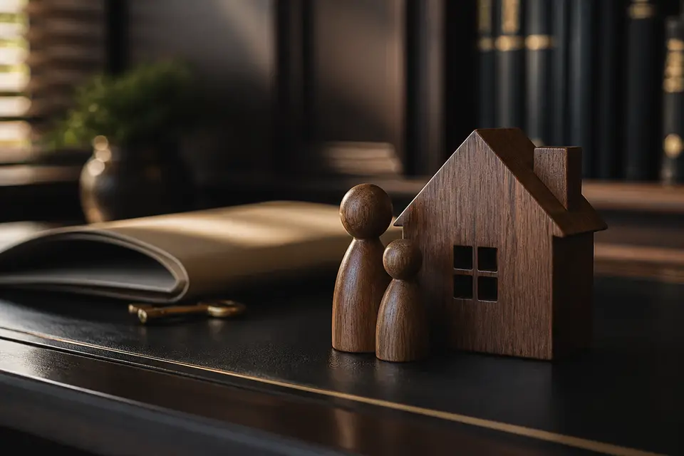 Casa e figuras de adulto e criança em madeira sobre uma mesa de escritório