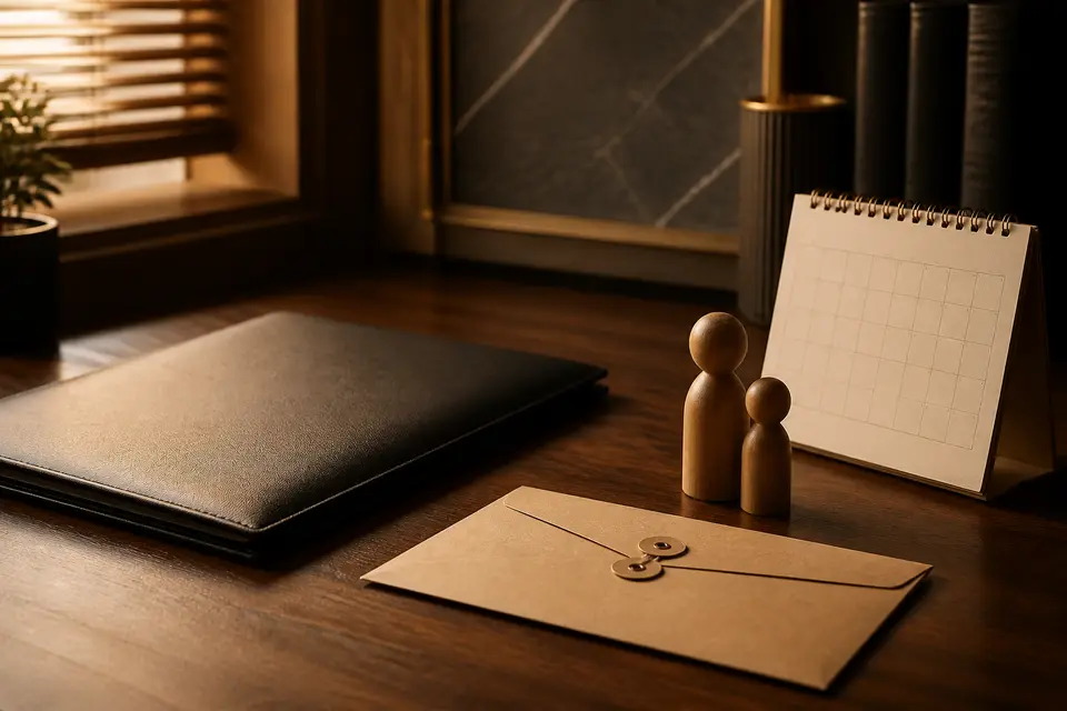 Mesa de escritório com calendário, pasta de documentos e figuras de adulto e criança